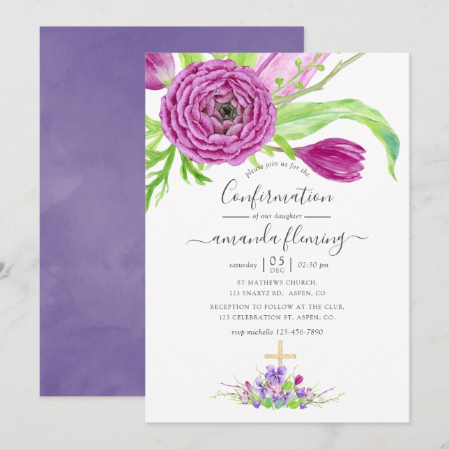 Watercolor Floral Spring Confirmation Invitation (Front/Back)