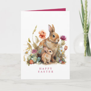Watercolor Floral Spring Easter Bunny Rabbits Holiday Card