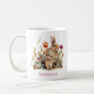 Watercolor Floral Spring Easter Rabbits Name Coffee Mug