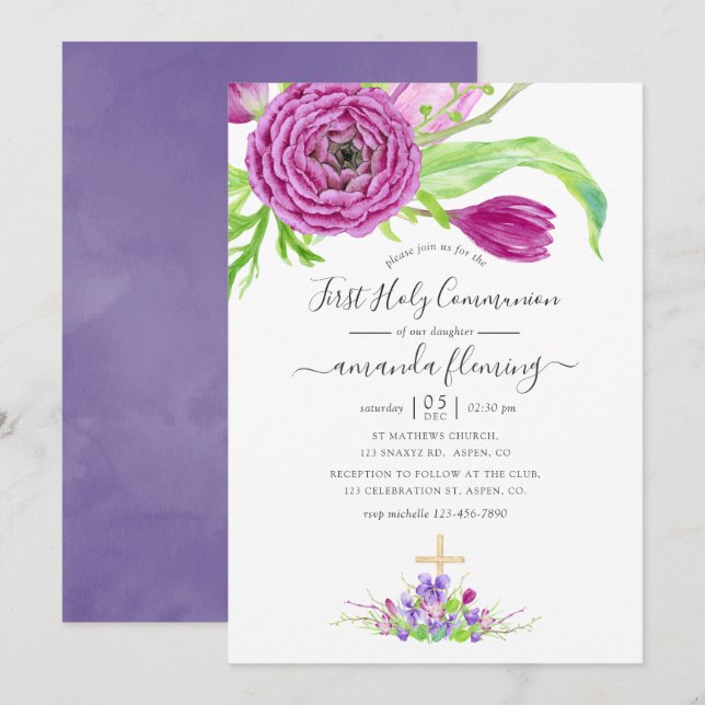 Watercolor Floral Spring First Holy Communion Invitation (Front/Back)