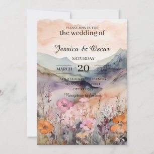 Watercolor Floral Spring Mountains Wedding Invitation