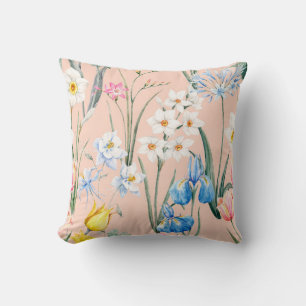 Watercolor floral spring pattern, botanical illust throw pillow