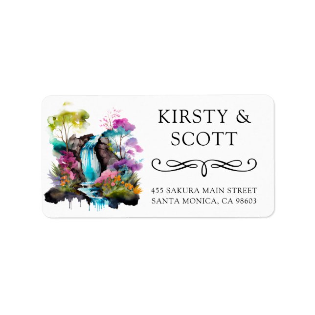 Watercolor Floral Spring Waterfall Wedding Address Label (Front)