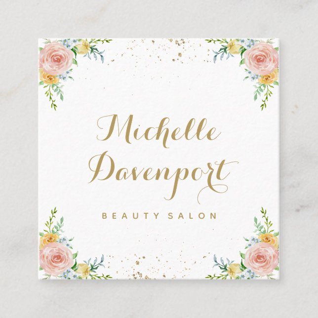 Watercolor floral square business card (Front)