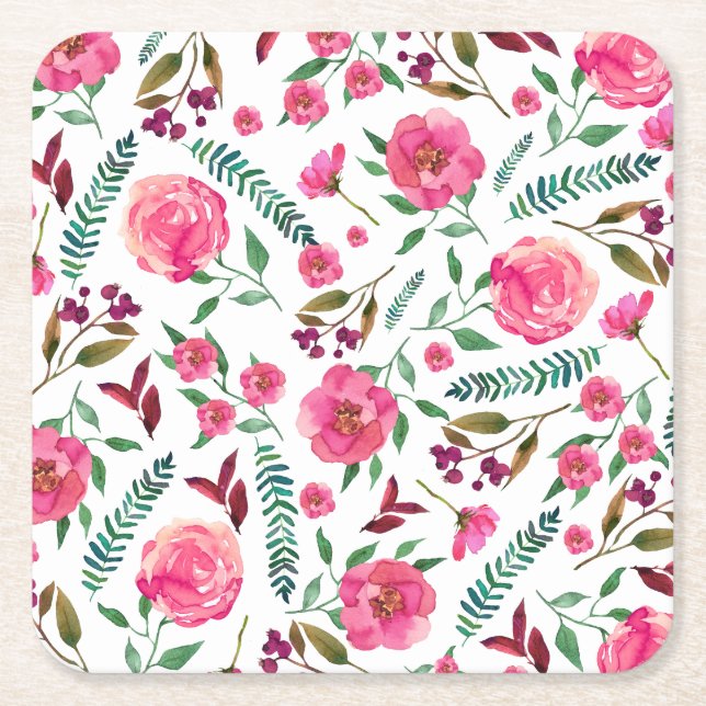 Watercolor Floral  Square Paper Coaster (Front)