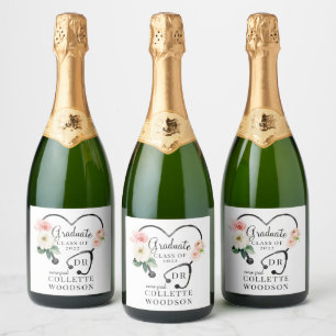 Watercolor Floral Stethoscope Doctor Graduate Sparkling Wine Label