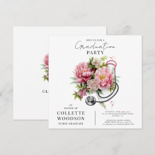 Watercolor Floral Stethoscope Nurse Graduation  Invitation