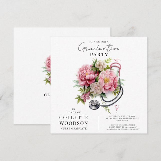 Watercolor Floral Stethoscope Nurse Graduation  Invitation (Front/Back)