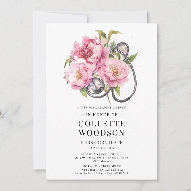 Watercolor Floral Stethoscope Nurse Graduation  Invitation (Front)