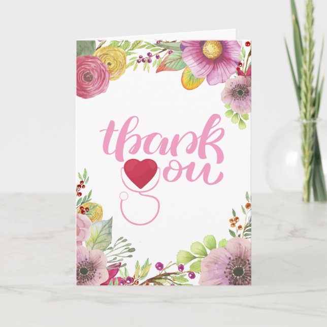 Watercolor Floral Stethoscope Nurse Thank You Card (Front)