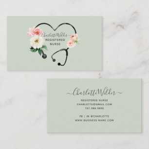 Watercolor Floral Stethoscope Registered Nurse Business Card