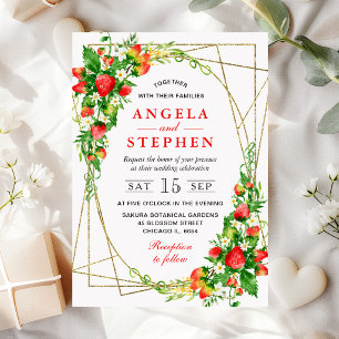 Watercolor Floral Strawberries Gold Frame Wedding Invitation