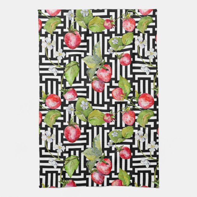 Watercolor Floral Strawberry Geometric Pattern Kitchen Towel (Vertical)