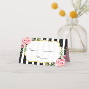 Watercolor Floral Stripes Gold Frame Wedding Table Place Card