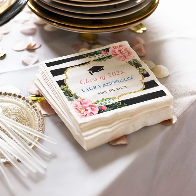 Watercolor Floral Stripes Graduation Event Napkin (Creator Uploaded)