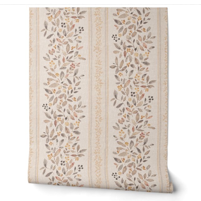 Watercolor floral stripes warm ochre brown wallpaper (Unrolling)