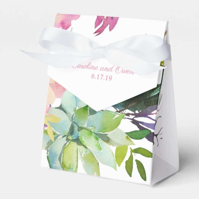 Watercolor Floral Succulent Wedding Favor Box (Front Side)