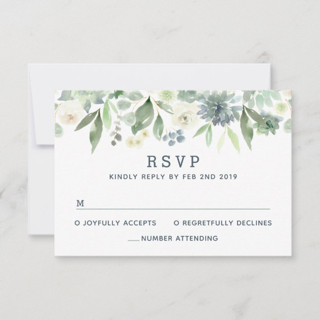 Watercolor Floral Succulent Wedding RSVP Card (Front)