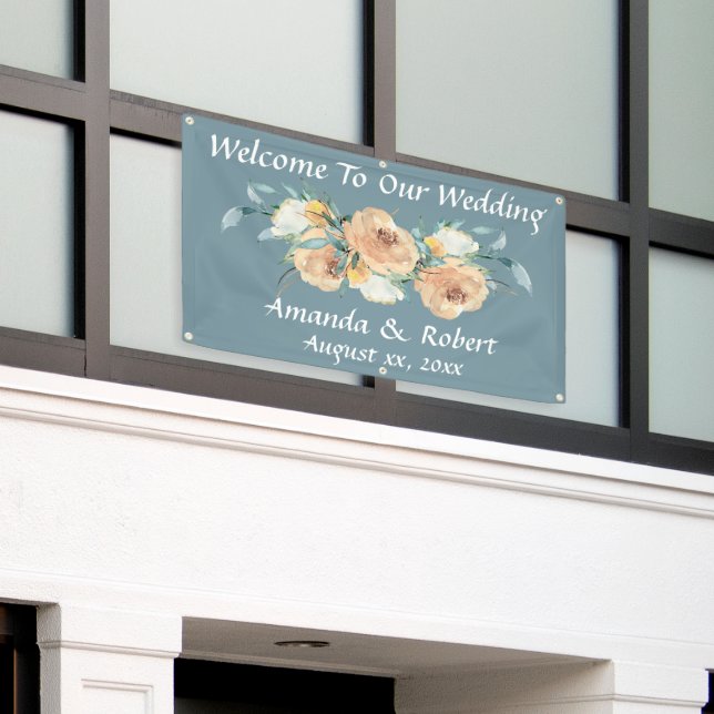 Watercolor Floral Summer Wedding Blue Green Banner (Outside Building)