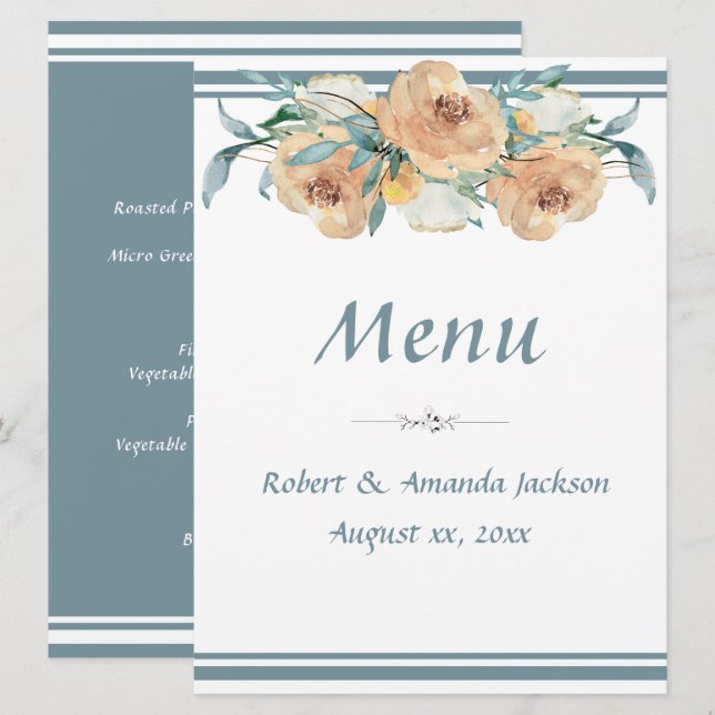 Watercolor Floral Summer Wedding Blue Green Menu (Front/Back)
