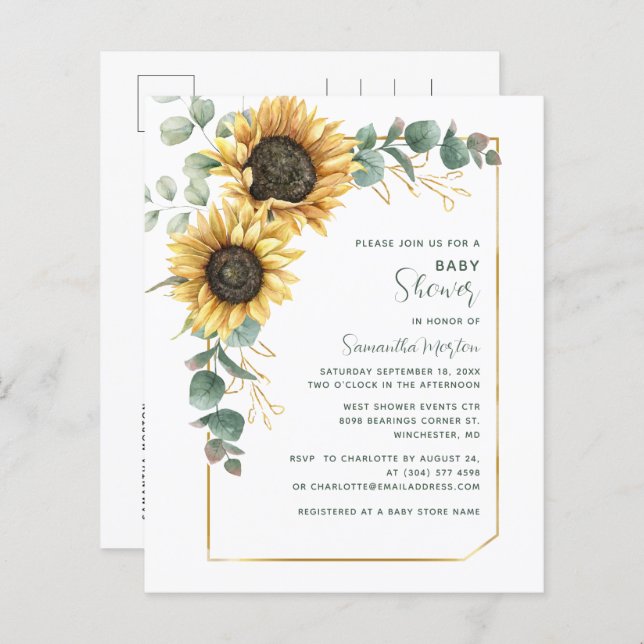 Watercolor Floral Sunflower Baby Shower Invitation (Front/Back)