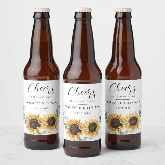 Watercolor Floral Sunflower Eucalyptus Wedding Beer Bottle Label (Bottles)
