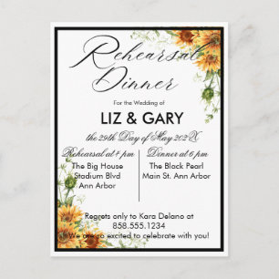 Watercolor Floral Sunflower Rehearsal Dinner  Postcard