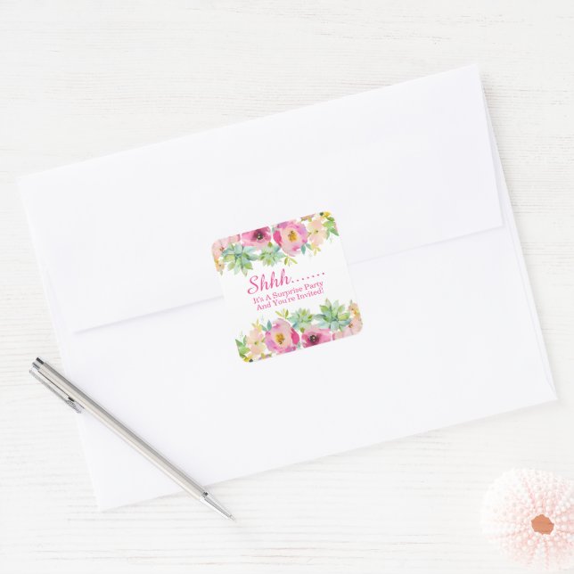 Watercolor Floral Surprise Party Square Sticker (Envelope)
