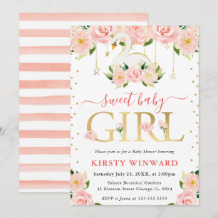 Watercolor Floral Swan Girl Baby Shower Invitation
