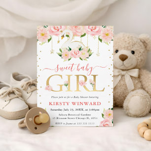 Watercolor Floral Swan Girl Baby Shower Invitation