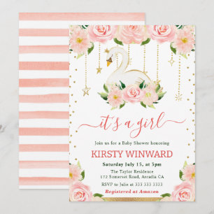 Watercolor Floral Swan Girl Baby Shower Invitation