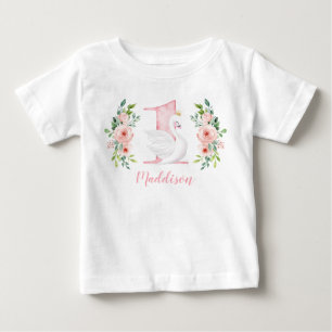 Watercolor Floral Swan Princess 1st Birthday Baby T-Shirt