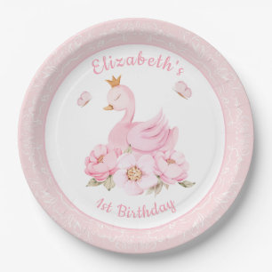 Watercolor Floral Swan Princess Birthday Paper Plate