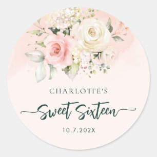 Watercolor Floral Sweet 16 Birthday Script Classic Round Sticker
