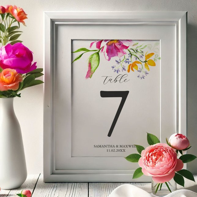 Watercolor Floral Table Number Cards (Bold floral table numbers watercolor art by Victoria Grigaliunas DoTellABelle)