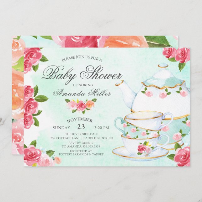 Watercolor Floral Tea Baby Shower Invitation (Front/Back)