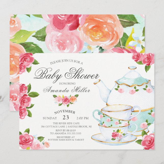 Watercolor Floral Tea Baby Shower Invitation (Front/Back)