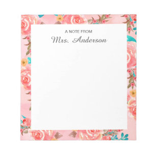 Watercolor Floral Teacher Appreciation Script Name Notepad