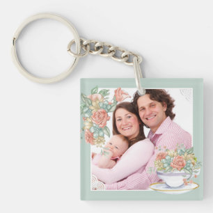 Watercolor Floral Teacup Custom Photo Keychain