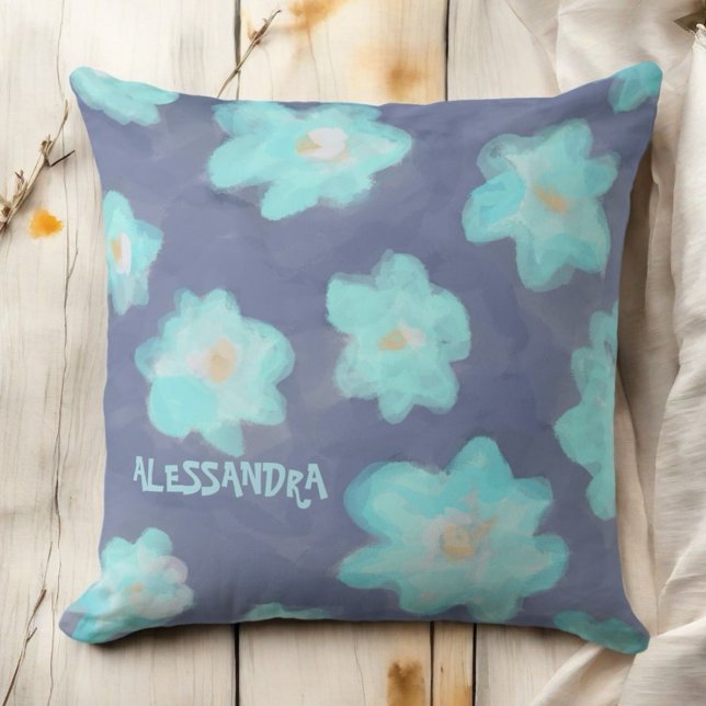 Watercolor floral teal blue monogram wildflowers  throw pillow (Creator Uploaded)