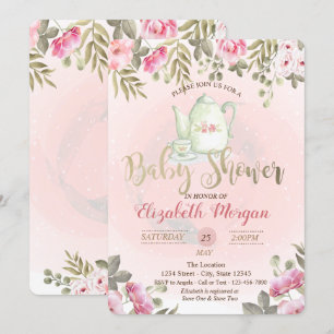 Watercolor Floral Teapot  Baby Shower Invitation
