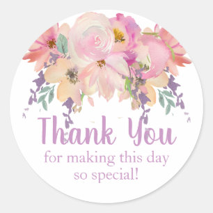 Watercolor Floral Thank You Birthday Favour Classic Round Sticker