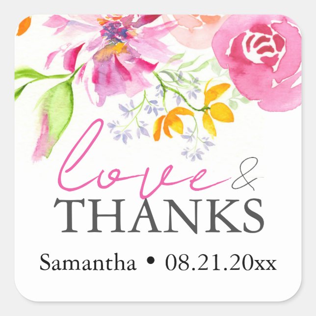 Watercolor Floral Theme Thank You Square Sticker (Front)
