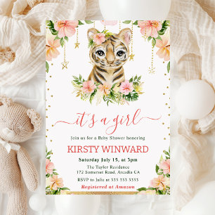 Watercolor Floral Tiger Cub Girl Baby Shower Invitation