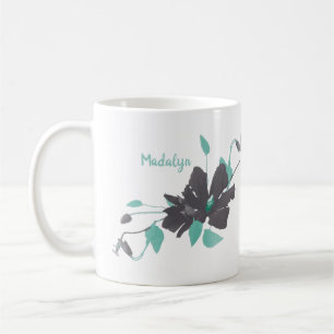 Watercolor Floral Trendy Teal Grey Name Coffee Mug