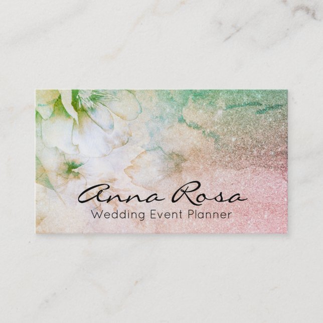 *~* Watercolor Floral Turquoise Glitter Celestial Business Card (Front)