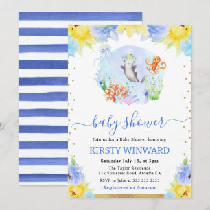 Watercolor Floral Underwater Animals Baby Shower Invitation