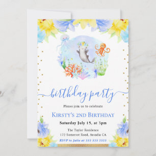 Watercolor Floral Underwater Animals Birthday Invitation