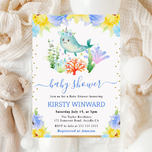 Watercolor Floral Underwater Narwhal Baby Shower Invitation
