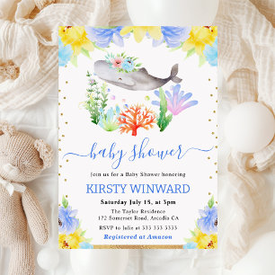 Watercolor Floral Underwater Whale Baby Shower Invitation